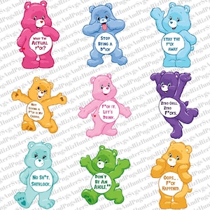 Puede incluir: Ilustraciones de osos de dibujos animados en varios colores, cada uno con una expresión única y una frase humorística en su vientre. Los osos son rosas, azules, amarillos, morados, verdes y naranjas. Las frases incluyen blasfemias.