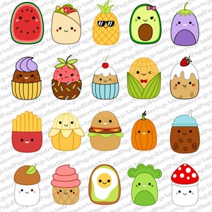 Könnte beinhalten: Ein Set mit 20 bunten Cartoon-SVG-Dateien zum Thema Essen und Trinken. Die Bilder beinhalten eine Wassermelone, einen Burrito, eine Ananas, eine Avocado, eine Aubergine, einen Cupcake, eine Erdbeere, einen Maiskolben, einen Kürbis, eine Pommes Frites, einen Hamburger, einen Pilz, einen Eisbecher, ein Ei, einen Brokkoli und einen Pilz.