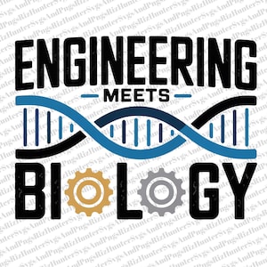 May include: A graphic design featuring the words "ENGINEERING MEETS BIOLOGY" in bold, black letters. A DNA strand in blue and black arcs across the center, with gear icons. The design is on a white background.