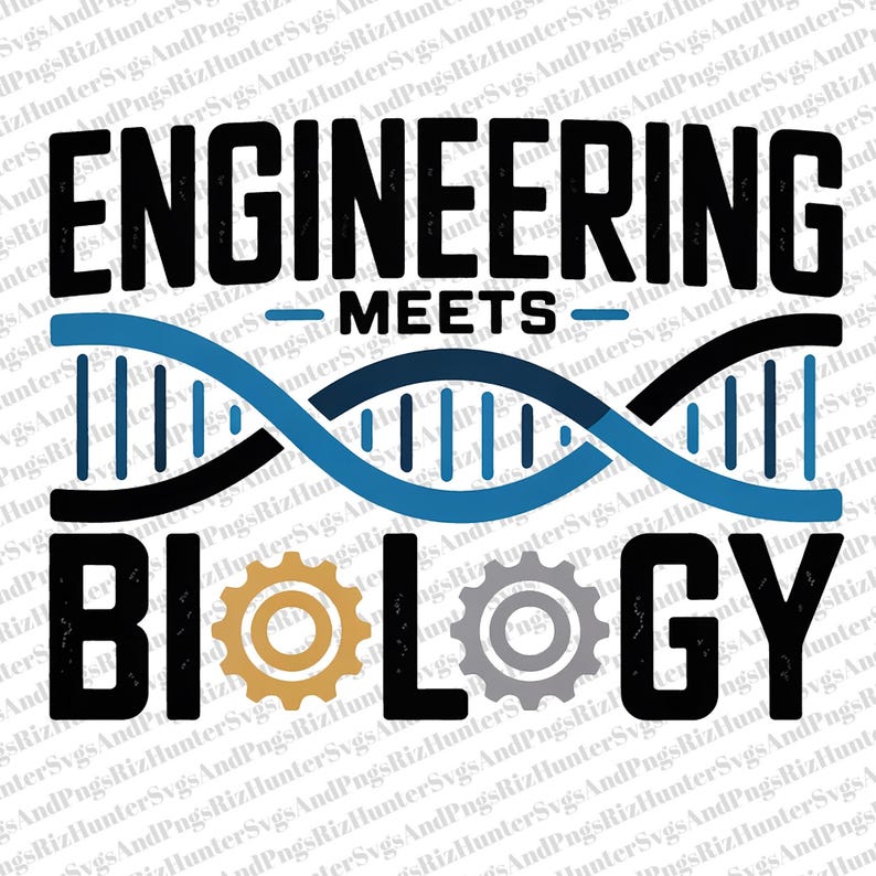 May include: A graphic design featuring the words "ENGINEERING MEETS BIOLOGY" in bold, black letters. A DNA strand in blue and black arcs across the center, with gear icons. The design is on a white background.