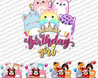 Puede incluir: Un diseño de cumpleaños para una niña con temática de unicornio rosa, morado, azul y arcoíris, con una corona dorada y el texto "birthday girl". Hay cuatro diseños más pequeños debajo con el texto "Birthday Girl's Mom" y "Birthday Girl's Dad" repetido dos veces.