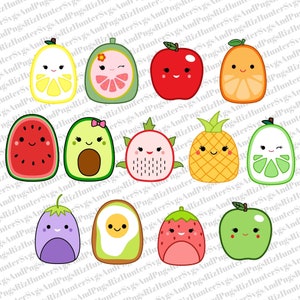 Könnte beinhalten: Ein Set mit 12 bunten Cartoon-Illustrationen von Obst und Gemüse mit fröhlichen Gesichtern. Die Illustrationen beinhalten eine Zitrone, eine Grapefruit, einen Apfel, eine Orange, eine Wassermelone, eine Avocado, eine Drachenfrucht, eine Ananas, eine Limette, eine Aubergine, ein Ei, eine Erdbeere und einen Apfel.