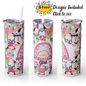 Squishmallow Girl 20oz Tumbler Wrap: Rainbow Kawaii Animal Design (Digital Download)