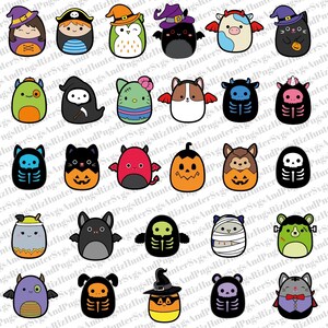 Könnte beinhalten: Eine Sammlung von Cartoon-Charakteren zum Thema Halloween in verschiedenen Formen. Die Designs umfassen eine Hexe, einen Piraten, eine Eule, eine Fledermaus, eine Kuh, eine Katze, einen Zombie, einen Sensenmann und mehr. Jeder Charakter hat eine einzigartige Farbpalette und einen einzigartigen Ausdruck.