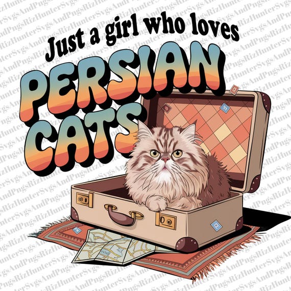 ペルシャ猫好き PNG：レトロな女の子デザイン（デジタルダウンロード