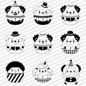 Könnte beinhalten: Neun Schwarzweißillustrationen von niedlichen Comicfiguren, die als Clowns verkleidet sind. Die Figuren tragen Hüte, Fliegen und haben übertriebene Gesichtszüge. Einige der Figuren tragen karierte Muster.