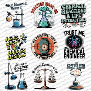 Peut inclure: Ensemble de graphiques colorés sur le thème de la science avec du texte. Les motifs incluent des béchers, des atomes et des phrases comme "Reaction Mode On" et "Chemical Reactions & Life Interactions". Pour les passionnés de science.