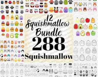 Op de afbeelding: Een digitale download van 288 zwart-witte omtrek afbeeldingen van verschillende Squishmallow-karakters. De afbeeldingen zijn gerangschikt in een rasterpatroon en omvatten een verscheidenheid aan karakters, waaronder dieren, voedsel en vakantiethema's.