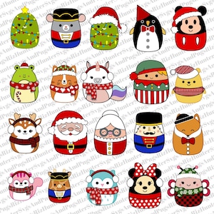 Könnte beinhalten: Ein Set mit 20 weihnachtlichen Charakterillustrationen. Jeder Charakter ist ein anderes Tier oder eine andere Comicfigur, die einen festlichen Hut und einen Schal trägt. Die Charaktere sind alle rund und haben einen niedlichen, cartoonartigen Stil.