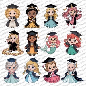 Princess Fairy Tale Graduation Girl Clipart Bundle - Cute Cartoon Graduate PNG - Kawaii Kids in Cap and Gown - Digital Sublimation Download