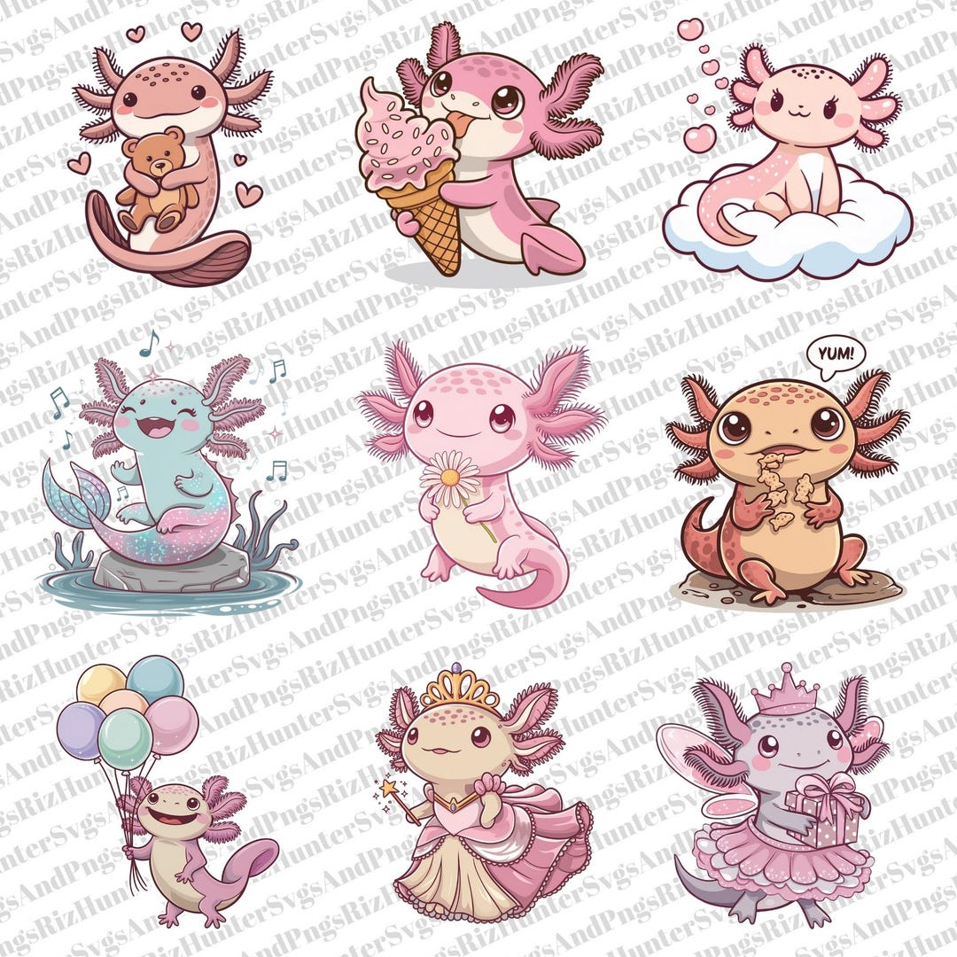Kawaii Axolotl PNG Bundle | Cute Axolotl Clipart for Kids Shirts ...
