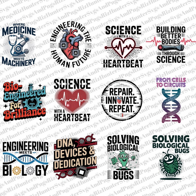 May include: A collection of science-themed graphic designs with text and illustrations. Designs include hearts, DNA strands, and phrases like "Engineering the Human Future" and "Solving Biological Bugs."