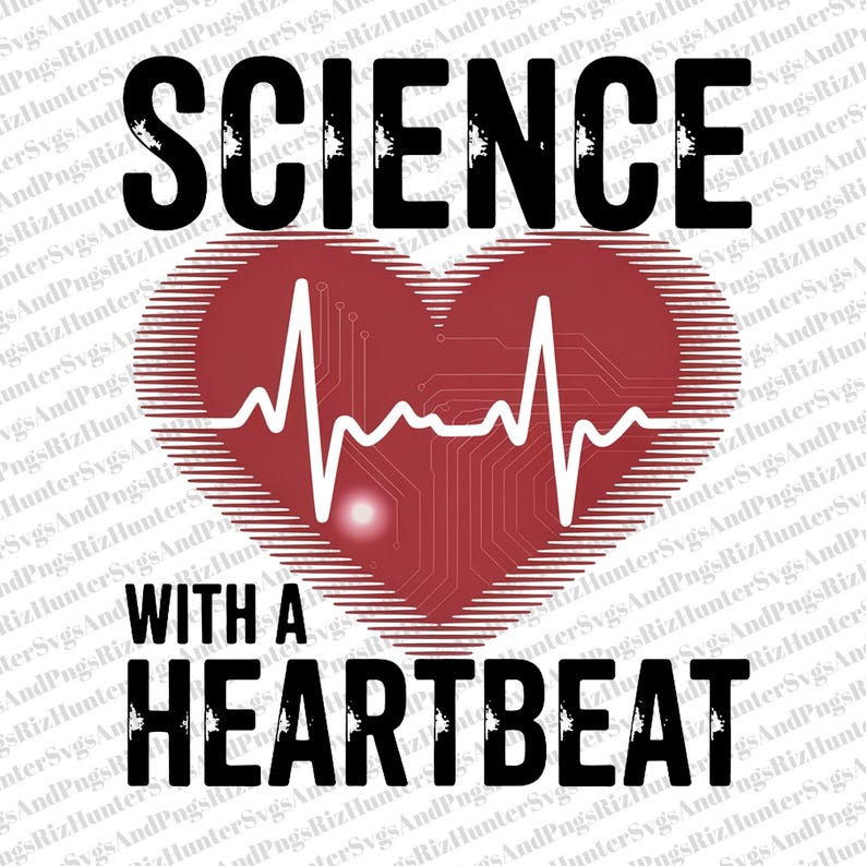 May include: A graphic design featuring the words "SCIENCE" and "WITH A HEARTBEAT" in bold, black letters. A red heart shape with a white EKG line and circuit board design is in the center. The design is on a white background.