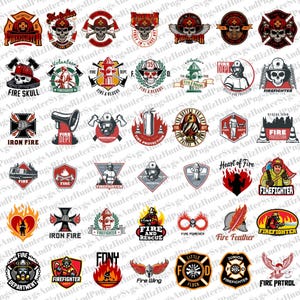 42 Firefighter Logo and Badge PNG SVG Bundle Firefighter Emblems PNG Svg Fire Dept Designs perfect for t-shirts mugs stickers decals