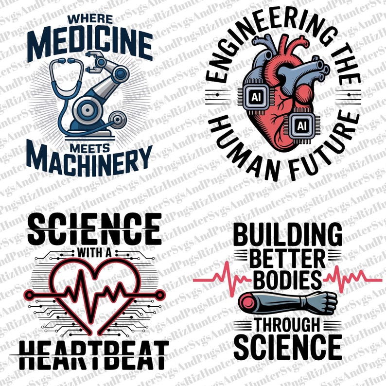 May include: Four graphic designs with medical and engineering themes. One design features a stethoscope and robotic arm with text "Where Medicine Meets Machinery." Another shows a heart with AI chips and text "Engineering the Human Future."