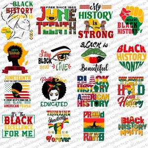 Peut inclure: Une collection de 12 designs numériques colorés célébrant le Mois de l'histoire des Noirs. Les designs présentent diverses phrases et images, notamment "Black History Month", "Juneteenth", "Black is Beautiful" et "Proud of My Roots".