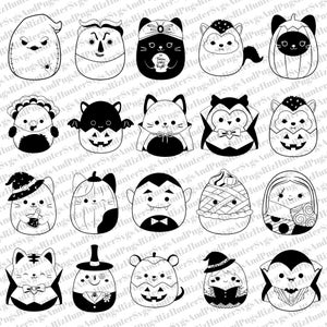 Könnte beinhalten: Ein Set mit 20 Schwarzweiß-Illustrationen von niedlichen Halloween-Charakteren. Die Charaktere sind in Kostümen wie Vampir, Hexe, Geist, Kürbis und Mumie verkleidet.