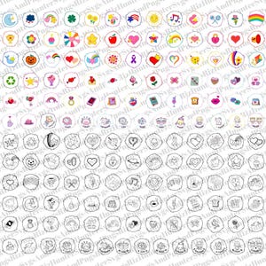 Peut inclure: Une collection de motifs numériques circulaires avec diverses illustrations, notamment des cœurs, des étoiles, des arcs-en-ciel et des fleurs. Les motifs sont dans un mélange de couleurs et de noir et blanc, adaptés aux projets d'artisanat numérique.