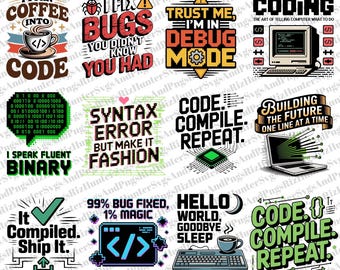 Software Engineer PNG Bundle: Funny Coding Quotes Clipart (12 PNGs)