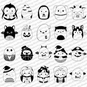 Könnte beinhalten: Ein Set mit 20 schwarz-weißen Halloween-Illustrationen von niedlichen Charakteren. Die Charaktere umfassen einen Vampir, ein Gespenst, eine Hexe, einen Kürbis, einen Zombie, ein Skelett, ein Monster, eine Fledermaus, eine Spinne, eine Katze, einen Hund, ein Einhorn, eine Meerjungfrau, eine Fee, eine Pixie, einen Gnom, einen Elf, einen Drachen und einen Dinosaurier.