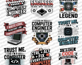 Bundle de cliparts ingénieur informatique - codage des citations PNG - conceptions de sublimation de programmeur - graphismes d'amateur de technologie