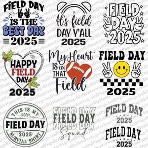 Può includere: Una collezione di nove diversi design per il Field Day 2025. I design presentano una varietà di testi, grafica e colori, tra cui un cuore con un pallone da calcio, un viso sorridente con i segni della pace e un orologio con il testo "It's field day y'all".
