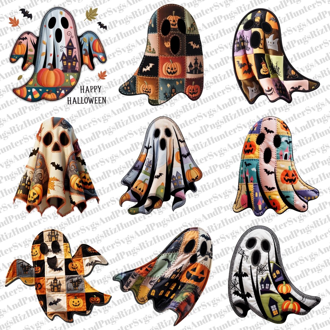 Halloween Patchwork Ghost PNG Bundle: Spooky Clipart for Sublimation ...