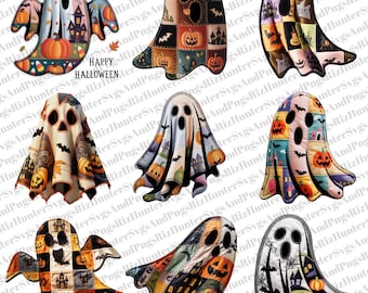 Halloween Patchwork Ghost PNG-paket: Spöklik clipart för sublimering (digital nedladdning)