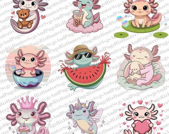 Pacote de imagens PNG de axolotes kawaii: Desenhos (Download digital)