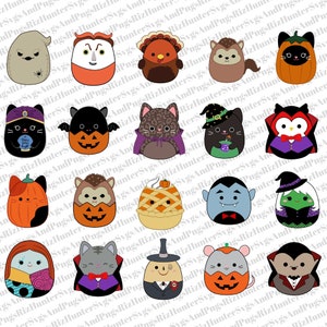 Könnte beinhalten: Ein Set mit 20 Plüschtieren zum Thema Halloween. Die Spielzeuge sind in Form verschiedener Charaktere gestaltet, darunter ein Geist, ein Vampir, eine Hexe, ein Kürbis, eine Katze und ein Truthahn. Die Spielzeuge sind alle bunt und haben süße Gesichter.