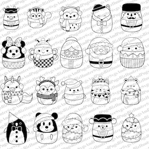 Könnte beinhalten: Eine Sammlung von Schwarz-Weiß-Cartoon-Charakterdesigns, darunter Tiere und Urlaubsfiguren. Die Illustrationen zeigen verschiedene Kreaturen wie einen Tiger, eine Eule und einen Pinguin, alle in einem niedlichen, vereinfachten Stil. Perfekt für Bastelprojekte.