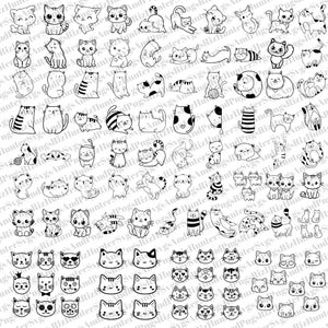 Puede incluir: Una gran colección de dibujos en blanco y negro de gatos en varias poses y expresiones. Los gatos están dibujados en un estilo simple y de dibujos animados.