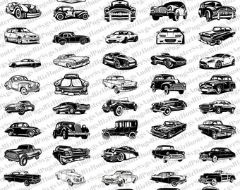 May include: A collection of 40 black and white vintage car illustrations. The cars are drawn in a simple, cartoon style and are all facing forward. The illustrations are perfect for use in a variety of projects, such as scrapbooking, card making, and digital design.