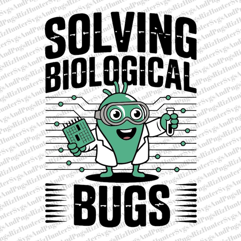 May include: A cartoon graphic with the text "SOLVING BIOLOGICAL BUGS." The image features a green, bean-shaped character wearing goggles and a lab coat, holding a circuit board and a test tube. The design is on a white background.