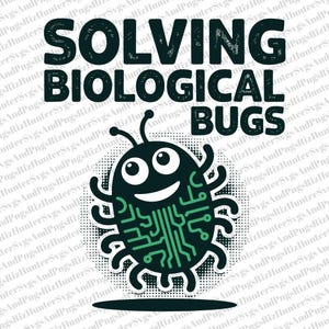 May include: A graphic design featuring the text "SOLVING BIOLOGICAL BUGS" above a cartoon bug. The bug is dark green with a circuit board design on its body and a smiling face. The background is white with a dotted pattern.