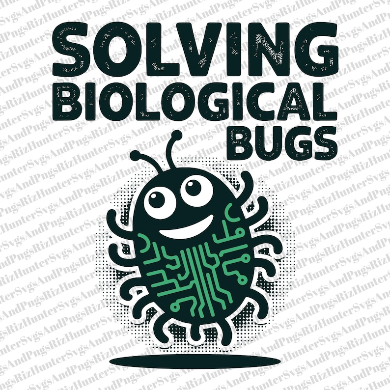 May include: A graphic design featuring the text "SOLVING BIOLOGICAL BUGS" above a cartoon bug. The bug is dark green with a circuit board design on its body and a smiling face. The background is white with a dotted pattern.