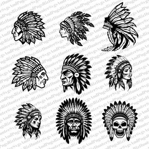 Indian Chief SVG Bundle: Warrior Mascot Cut Files (SVG, PNG)