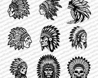 Indian Chief SVG Bundle: Warrior Mascot Cut Files (SVG, PNG)