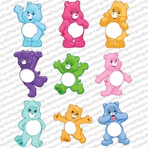 May include: Nine colourful cartoon bear illustrations with blank circles in the centre. The bears are in various poses, including standing, walking, and waving. The bears are all wearing different colours, including blue, purple, green, pink, orange, and yellow.