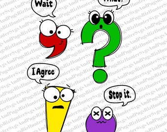 Op de afbeelding: Een verzameling cartoon-spraakbellen en leestekens met expressieve ogen. Bevat een rode komma met de tekst "Wait", een groen vraagteken met de tekst "What?" en een gele uitroepteken met de tekst "I Agree".