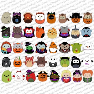 Könnte beinhalten: Ein Set mit 36 Halloween-motivischen Charakterillustrationen. Die Charaktere sind rund und haben verschiedene Kostüme und Gesichtsausdrücke. Einige der Charaktere sind ein Geist, ein Vampir, eine Hexe, ein Kürbis, eine Katze und ein Zombie.