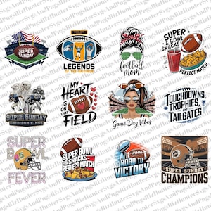 Puede incluir: Un conjunto de 10 diseños digitales con gráficos de temática futbolística. Los diseños incluyen frases como "Super Sunday", "Legends of the Gridiron", "Football Mom", "Game Day Vibes", "Super Bowl Fever", "Road to Victory", y "Super Sunday Champions".