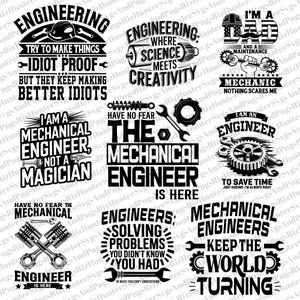 Może przedstawiać: Czarno-białe projekty graficzne z tekstem o inżynierii i mechanice. Tekst zawiera takie zwroty jak "Jestem tatą i mechanikiem", "Nie bój się inżyniera mechanika" i "Inżynierowie rozwiązują problemy, o których nie wiedziałeś, że je masz".