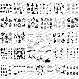 May include: A black and white digital clipart set featuring Christmas-themed illustrations. The set includes images of ornaments, reindeer, snowmen, Christmas trees, presents, and more. The text "Merry Christmas" appears multiple times in the set.