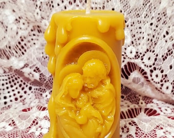Holy Family Beeswax Candle: Carved Christian Pillar Candle