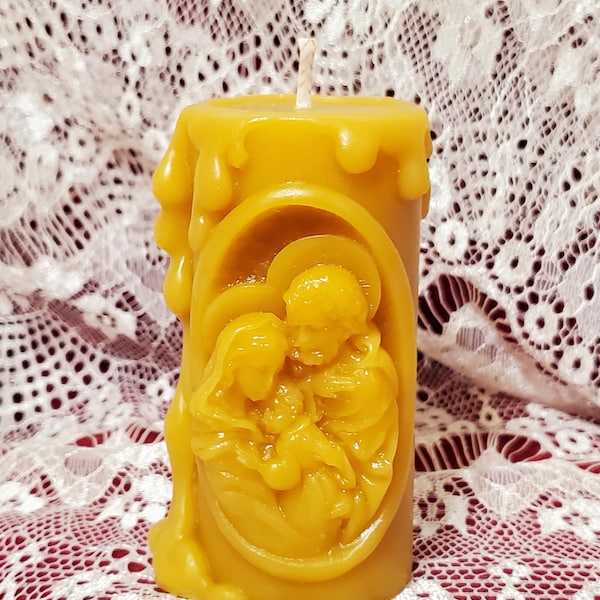 Holy Family Beeswax Candle: Carved Christian Pillar Candle