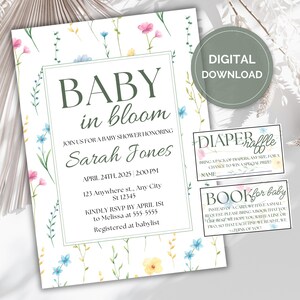 Baby In Bloom Invitation, Baby Shower Invitation Template, Floral Spring Summer Baby Shower, Wildflower Baby Shower Invite, Instant Download
