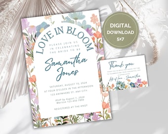 Plantilla de invitación para despedida de soltera con flores silvestres coloridas, El amor está en flor, Despedida de soltera en el jardín, Invitación personalizable floral para despedida de soltera