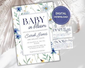 Invitación editable para baby shower con flores, baby shower con flores silvestres, invitación para baby shower con flores azules, baby shower boho, instantánea