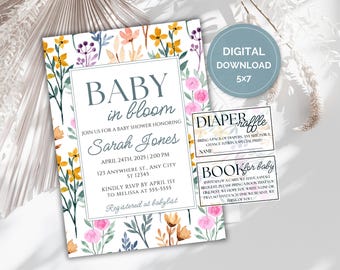 Baby In Bloom Invitation, Baby Shower Invitation Template, Floral Spring Summer Baby Shower, Wildflower Baby Shower Invite, Instant Download